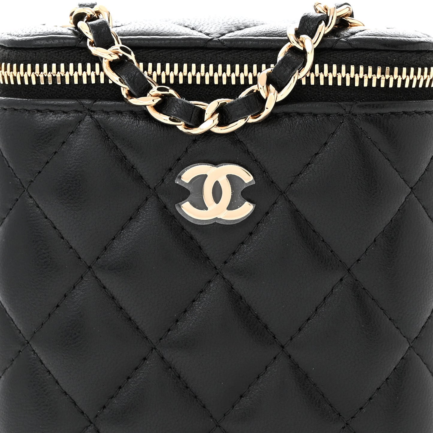 Lambskin Quilted Small Vertical Coco Beauty Vanity Case With Chain Black