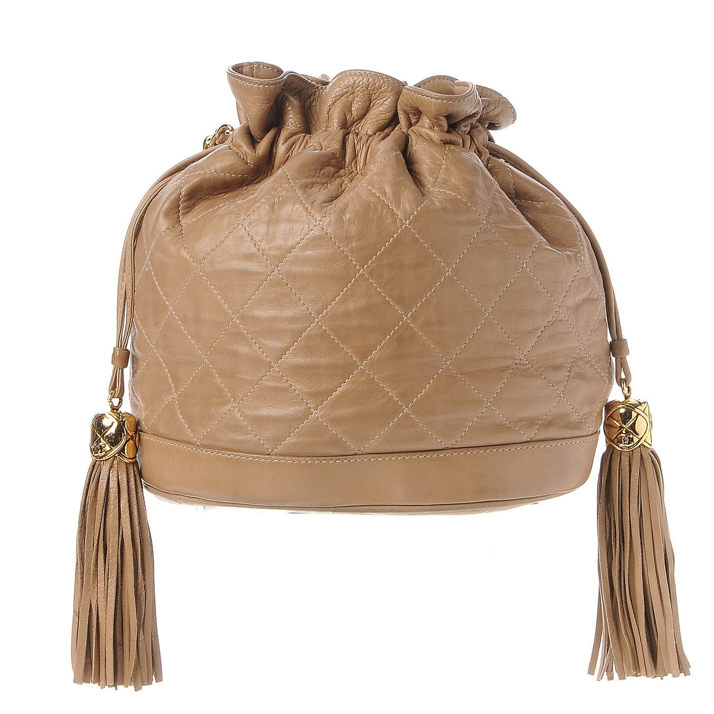 Lambskin Quilted Tassel Drawstring Pouch Beige
