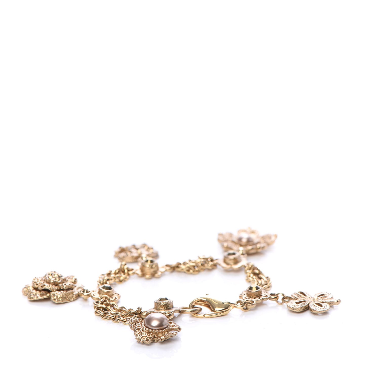 Crystal Pearl Camellia CC Charm Bracelet Gold