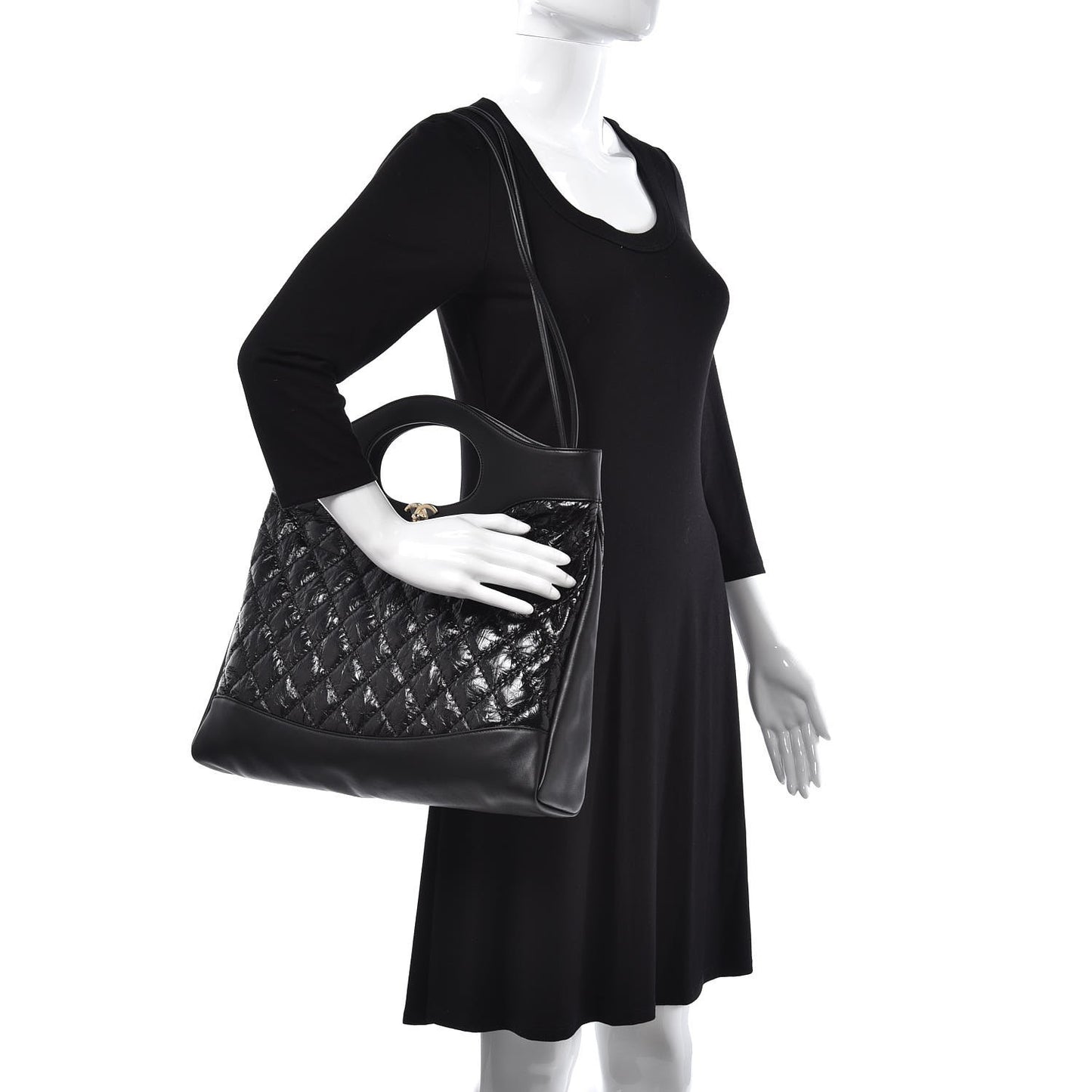 Crumpled Calfskin Quilted 31 Large Shopping Bag Black