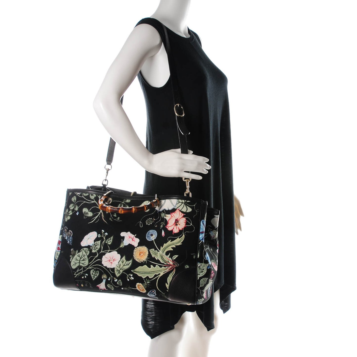 Canvas Cellarius Calfskin Flora Knight Large Bamboo Shopper Tote Black