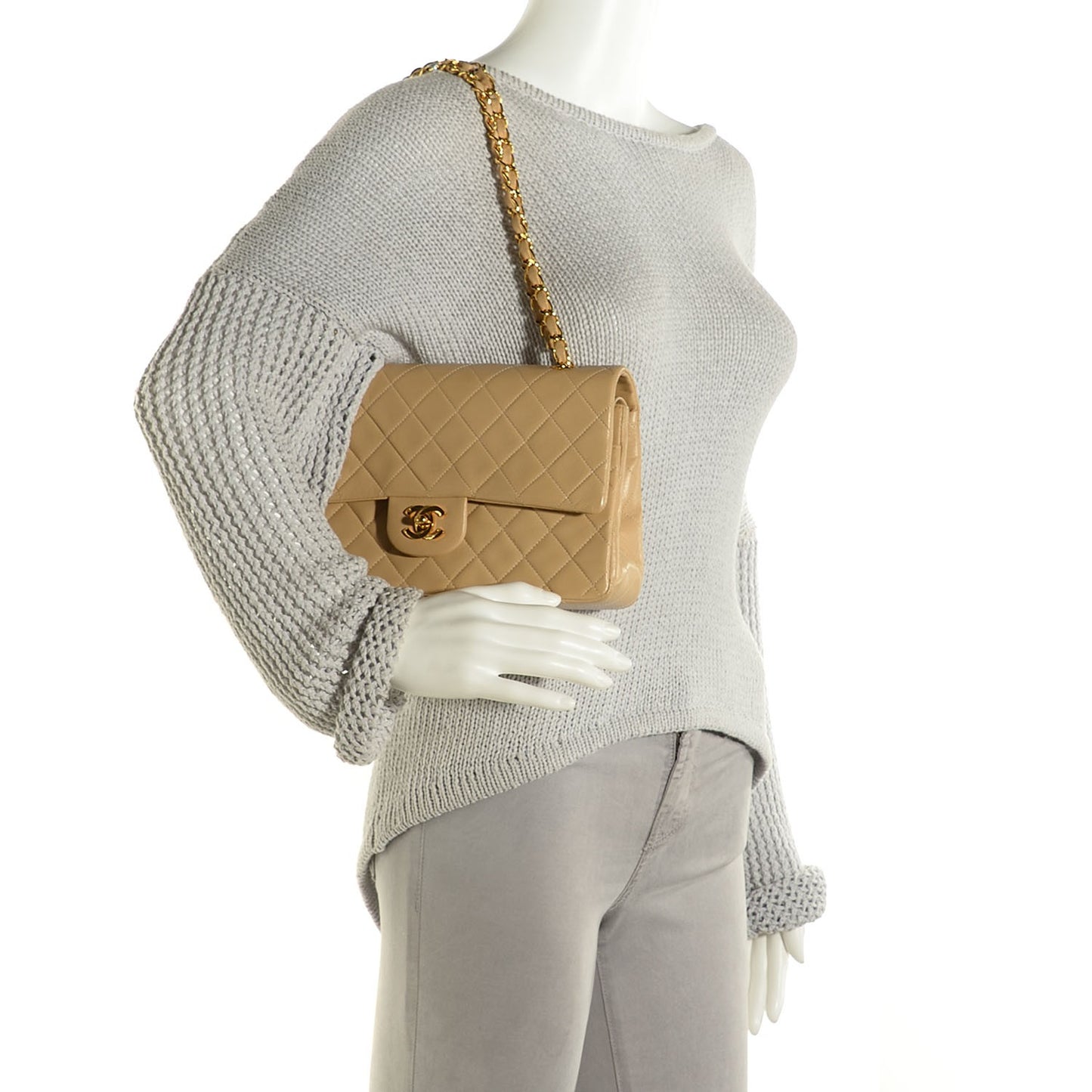 Lambskin Quilted Medium Double Flap Light Beige