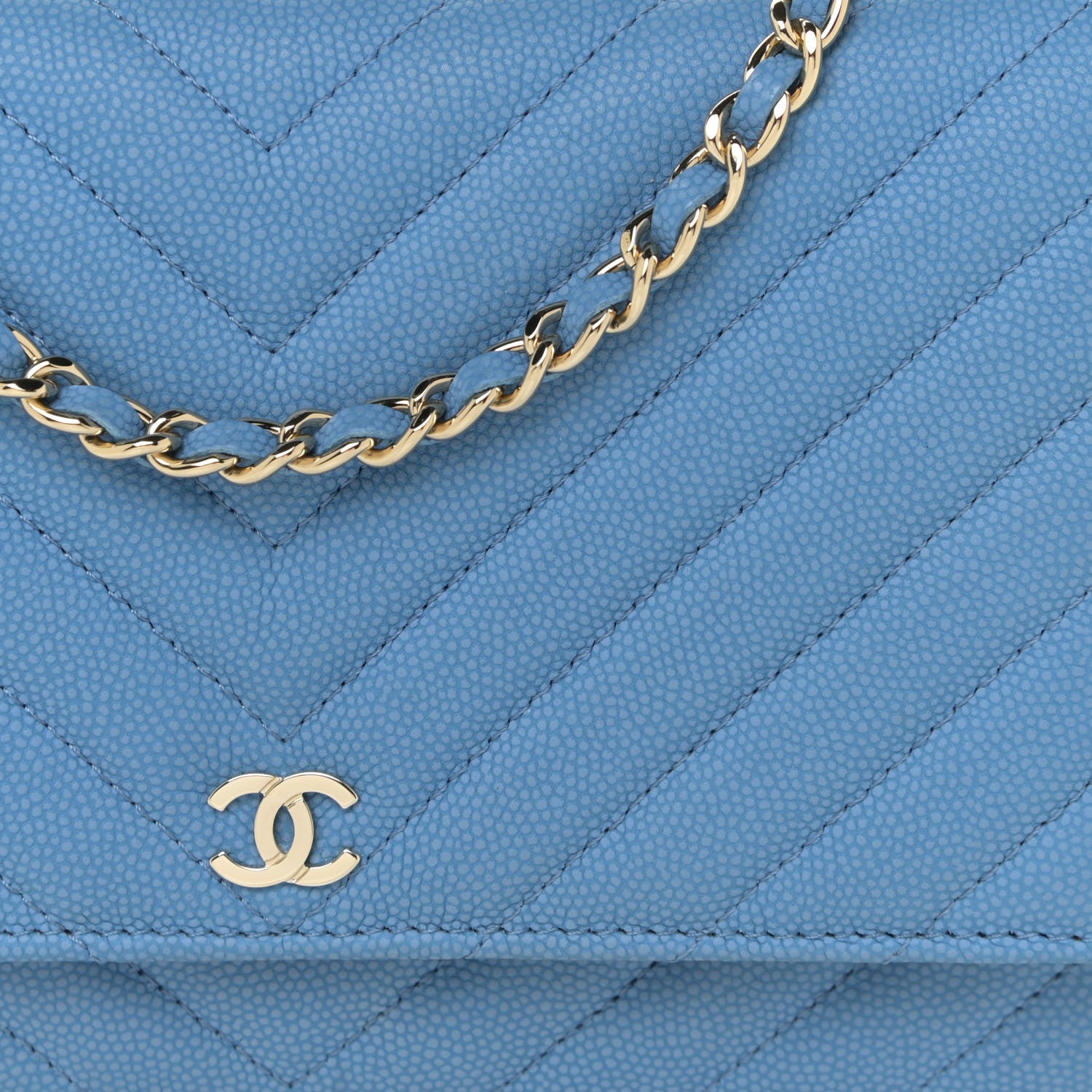 Chanel Caviar Flat Chevron Quilted Wallet On Chain WOC Blue 6 of 16
