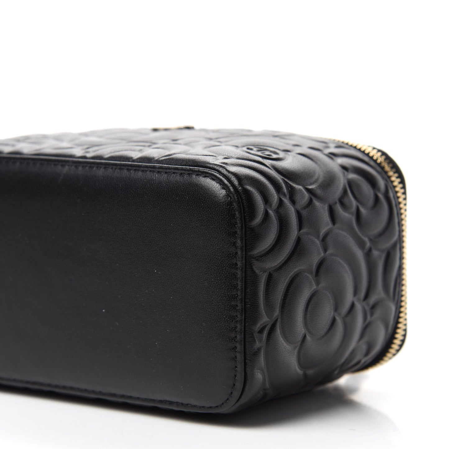 Lambskin Camellia Embossed Small Vanity Case With Chain Black