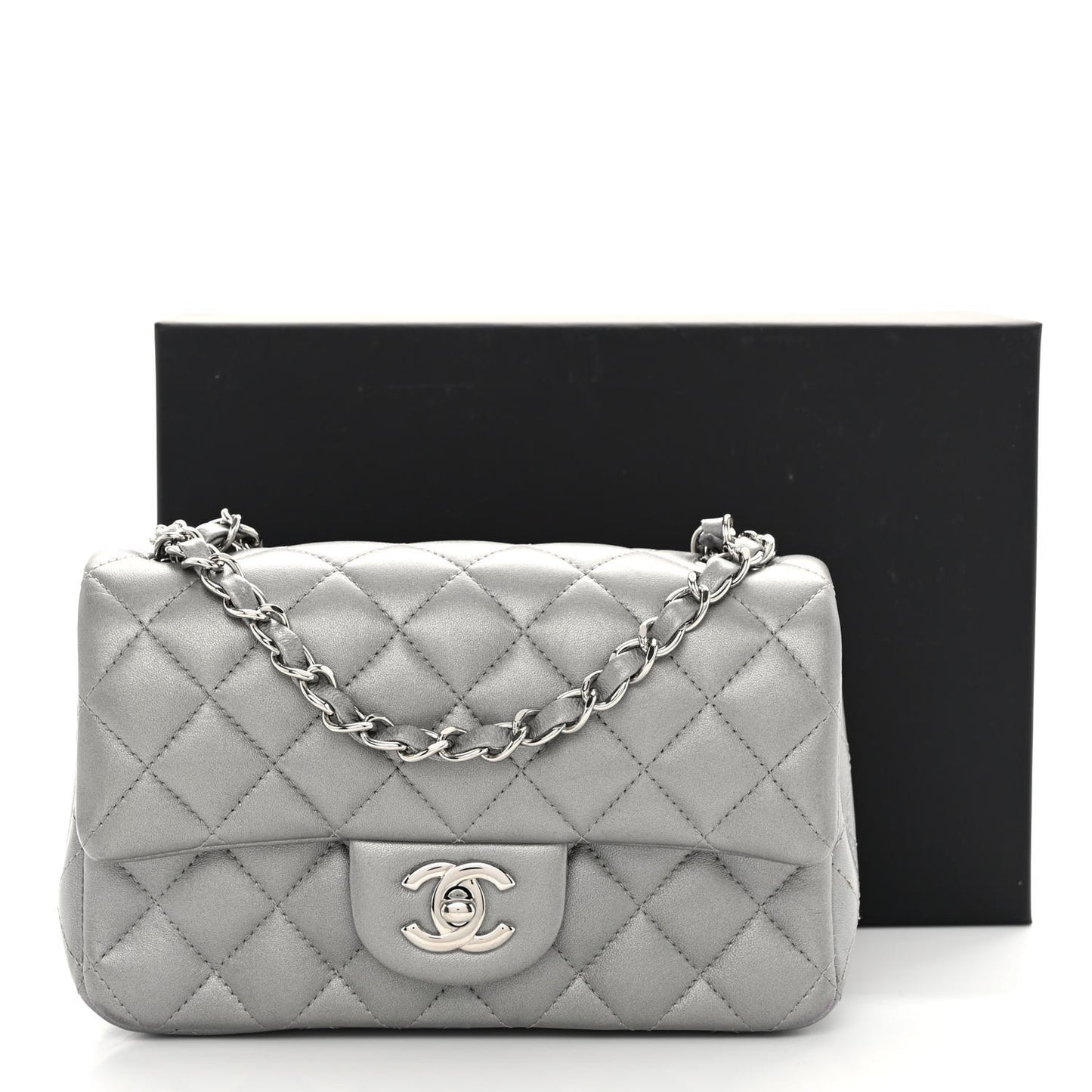 Metallic Lambskin Quilted Mini Rectangular Flap Silver