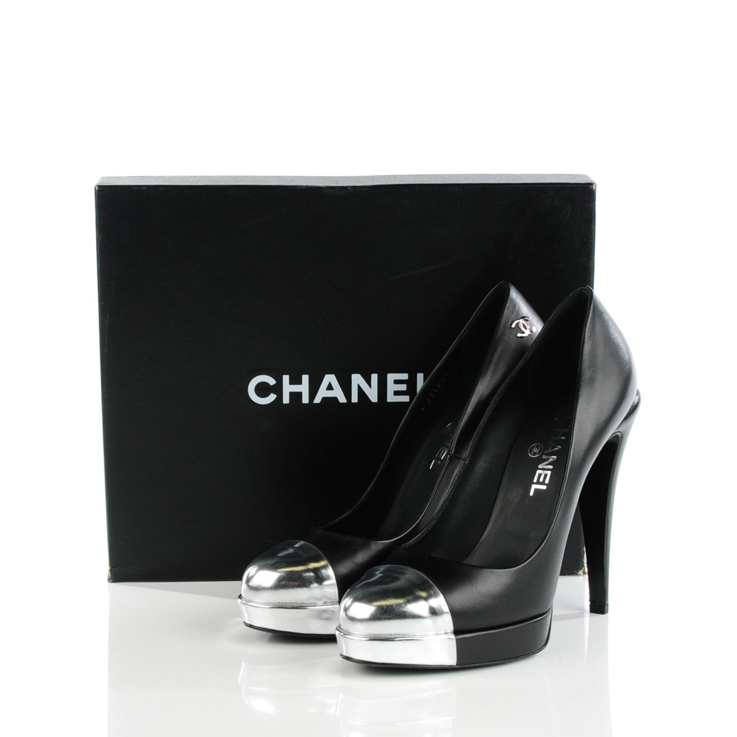 Chanel Calfskin Silver Cap Toe CC Pumps 40.5 Black 4 of 9