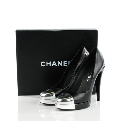 Chanel Calfskin Silver Cap Toe CC Pumps 40.5 Black 4 of 9