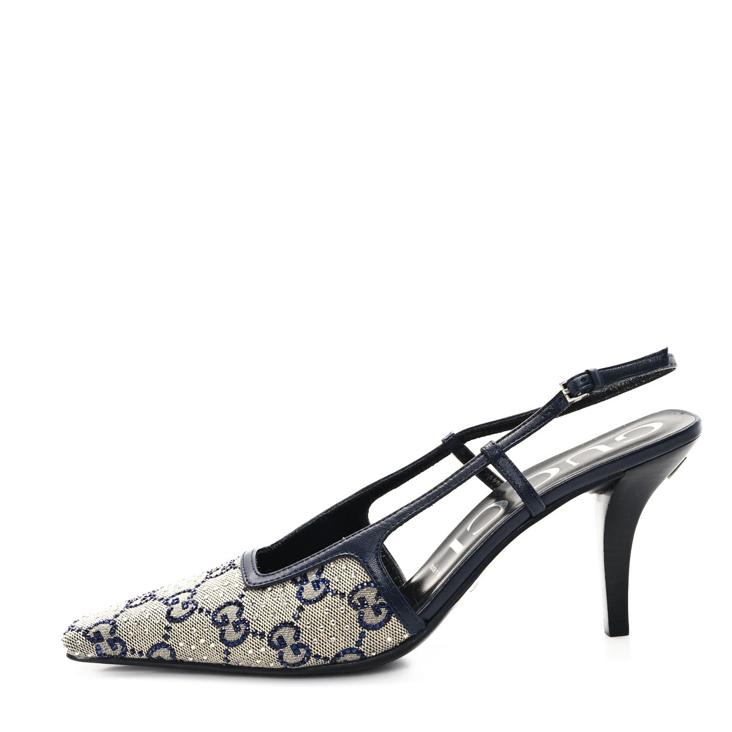 GG Monogram Malaga Kid Crystal Square G 75mm Slingback Pumps 38 Beige Blue