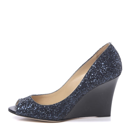 Jimmy Choo Coarse Glitter Fabric Baxon 85 Wedges 38 Navy 1 of 9
