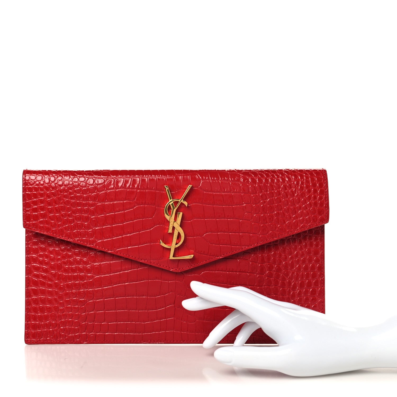 Saint Laurent Calfskin Crocodile Embossed Uptown Monogram Pouch Black 4 of 14