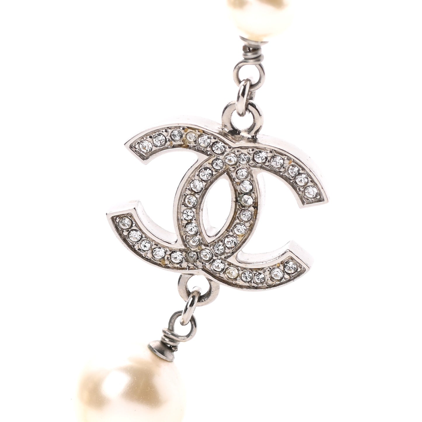 Crystal Pearl CC Long Necklace Silver