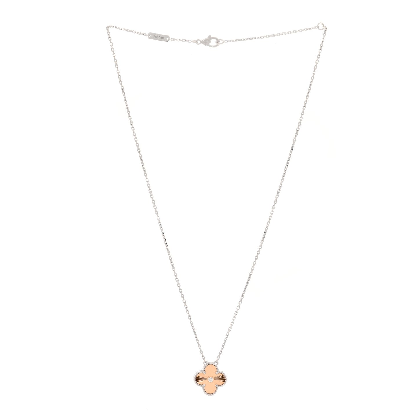 18K White Rose Gold Diamond Guilloche Vintage Alhambra Pendant Necklace