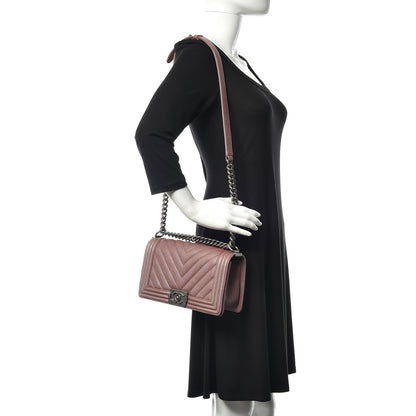 Chanel Metallic Caviar Chevron Quilted Medium Boy Flap Dark Pink 2 of 11