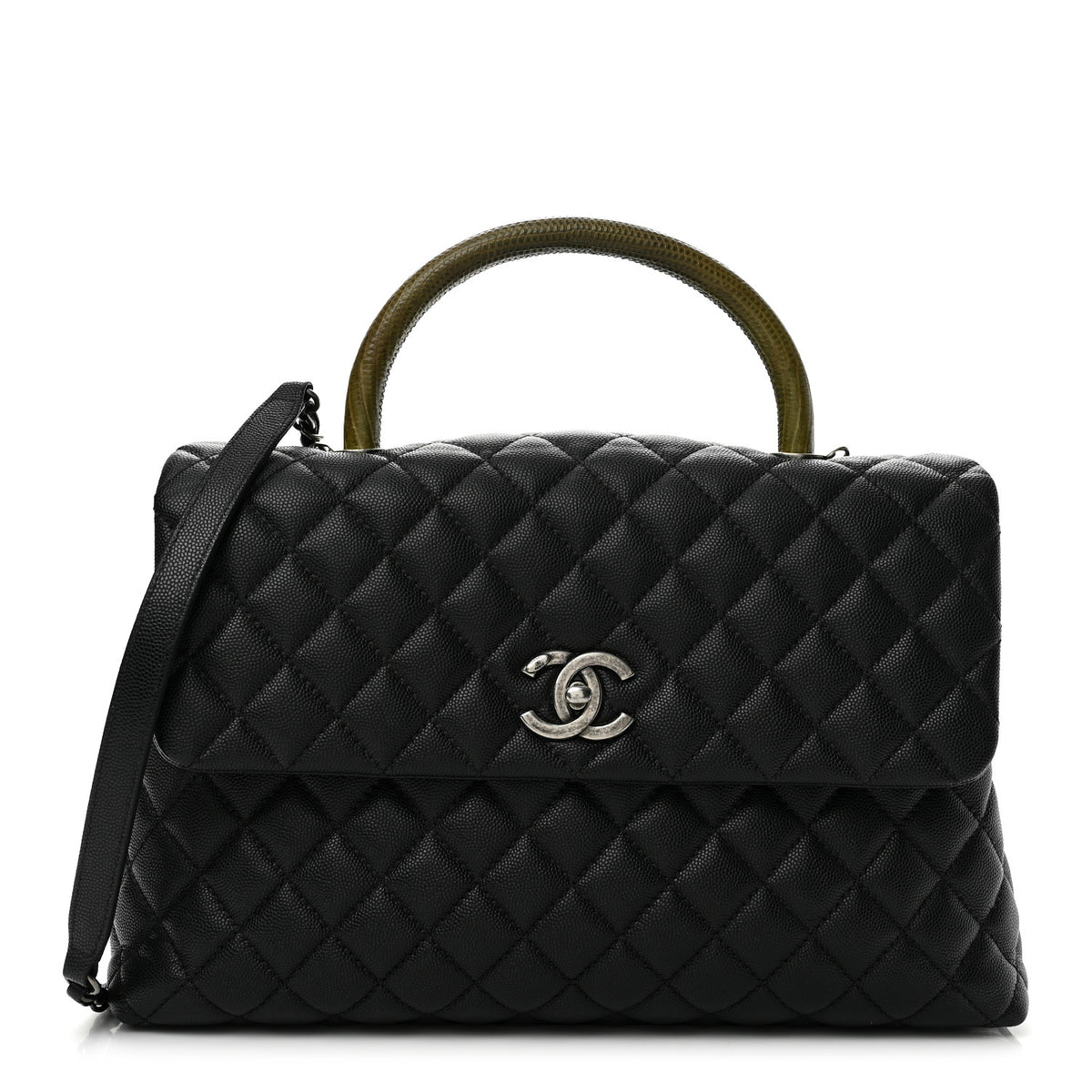 Chanel Caviar Lizard Quilted Medium Coco Handle Flap Black Khaki 1 of 14