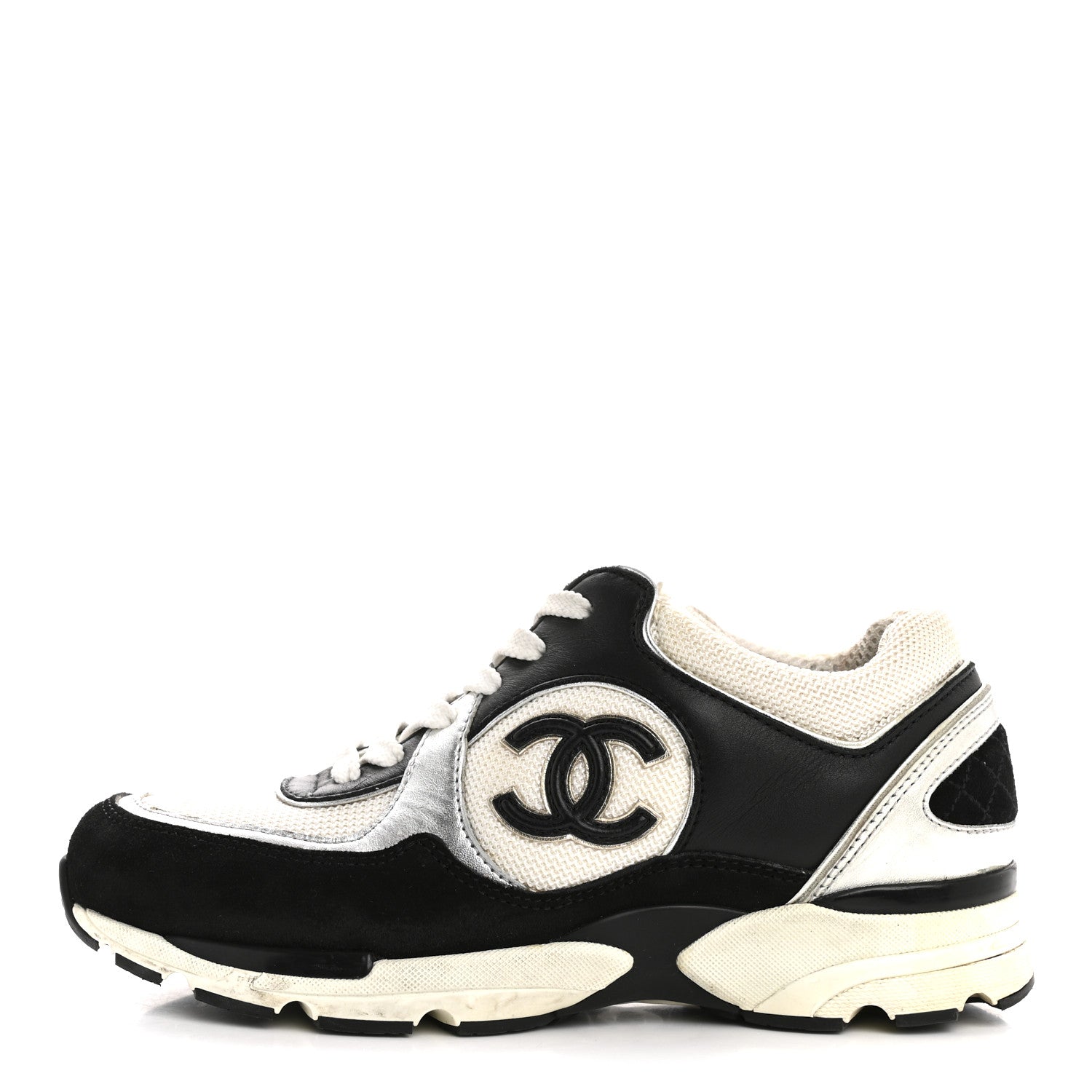 Chanel Mesh Suede Calfskin Grained Calfskin Womens CC Sneakers 35 Black White Silver 1 of 12