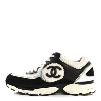 Chanel Mesh Suede Calfskin Grained Calfskin Womens CC Sneakers 35 Black White Silver 1 of 12
