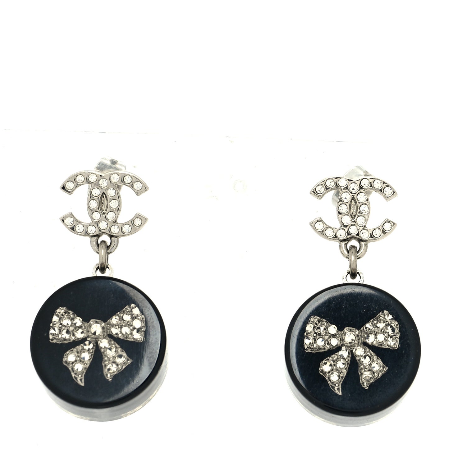 Resin Crystal CC Bow Drop Earrings Black Silver