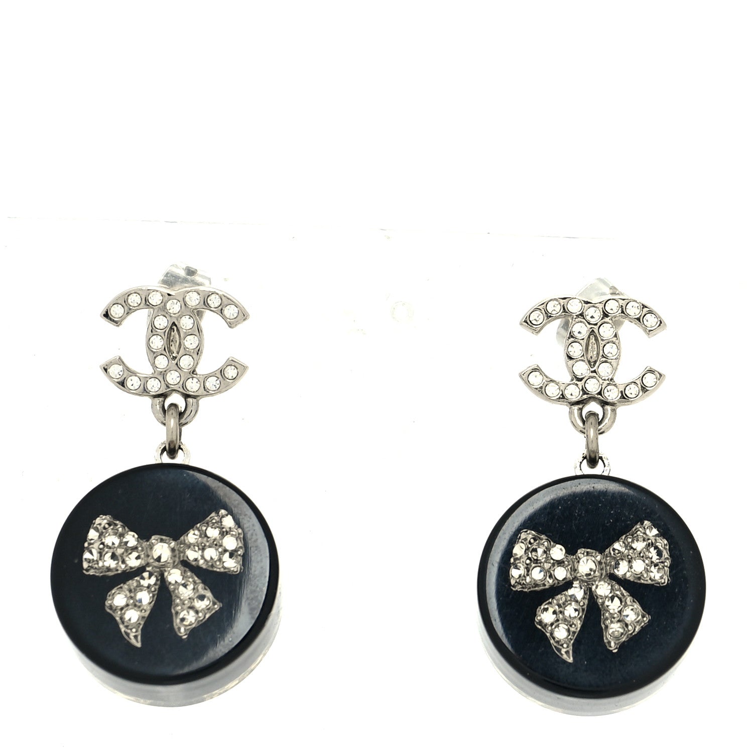 Chanel Resin Crystal CC Bow Drop Earrings Black Silver 1 of 4
