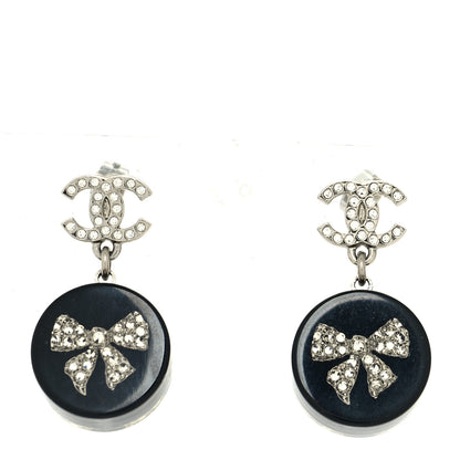 Chanel Resin Crystal CC Bow Drop Earrings Black Silver 1 of 4