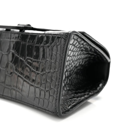 Balenciaga Shiny Calfskin Monochrome Crocodile Embossed Small Hourglass Top Handle Bag Black 10 of 11