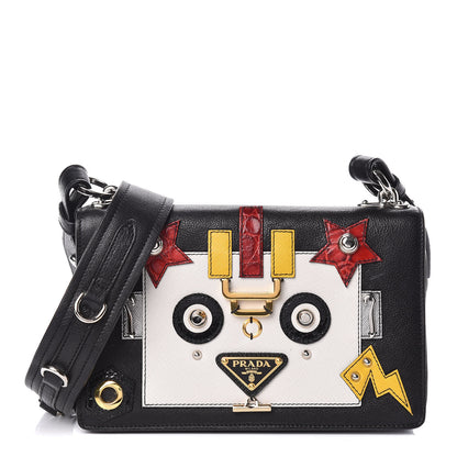 Prada Grained Calfskin Saffiano Robot Shoulder Bag Black White 1 of 9