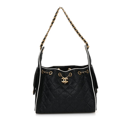 Chanel Braided Raffia Calfskin Small Chanel 25 Handbag Black White 1 of 11