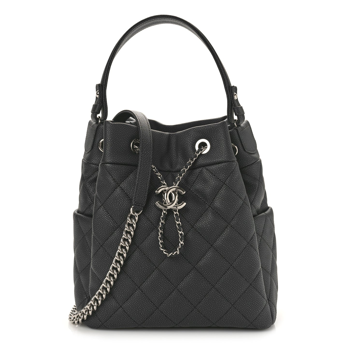 Caviar Flat Quilted CC Chain Bucket Drawstring Bag Black