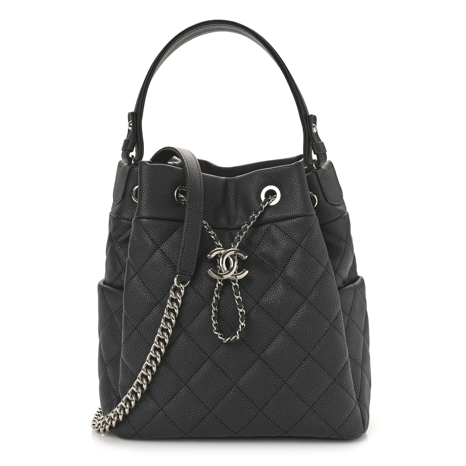 Chanel Caviar Flat Quilted CC Chain Bucket Drawstring Bag Black 1 of 9