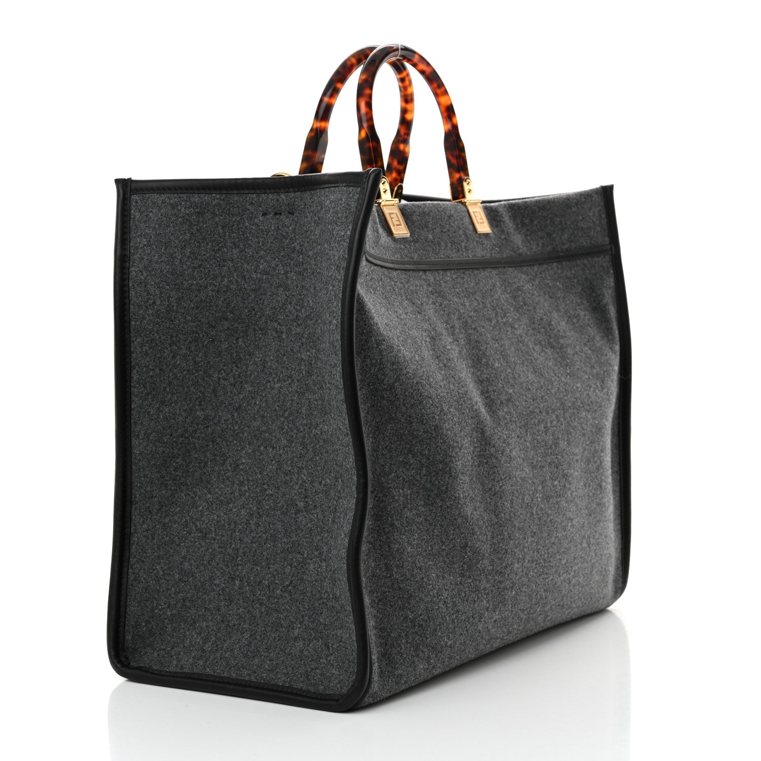 Fendi Melange Flannel Plexiglass Satin Logo Embroidered Threaded Edge Large Fendi Sunshine Shopper Tote Grigio Black 3 of 11