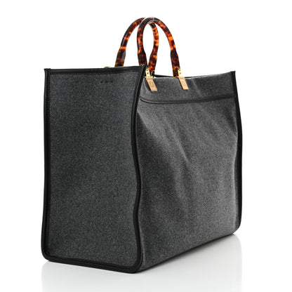 Fendi Melange Flannel Plexiglass Satin Logo Embroidered Threaded Edge Large Fendi Sunshine Shopper Tote Grigio Black 3 of 11