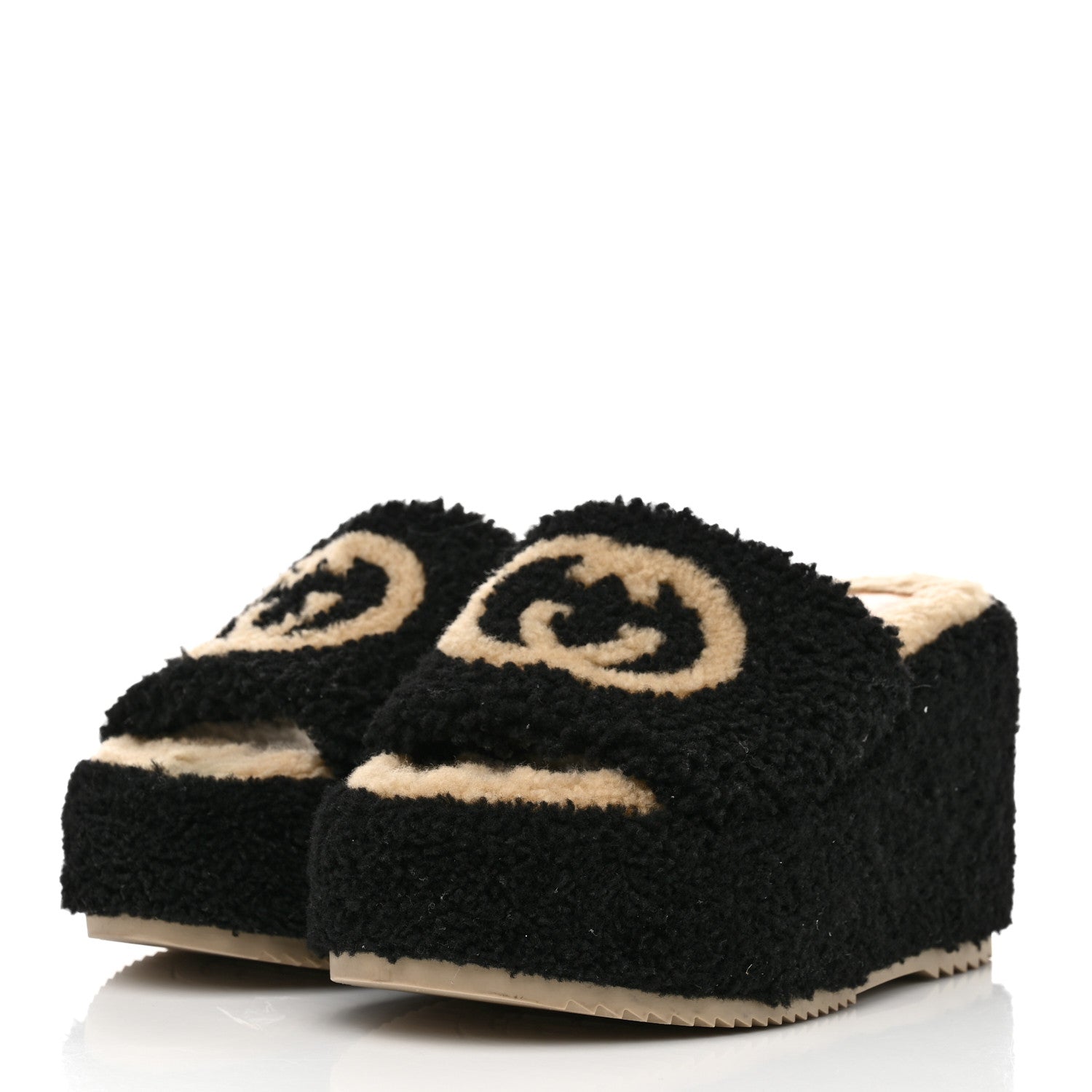 Gucci Shearling Interlocking G Womens Elea Platform Slide Wedge Sandals 37 Black Butterscotch 3 of 7