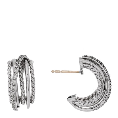 David Yurman Sterling Silver Diamond 10mm Crossover Cable Hoop Earrings 1 of 6