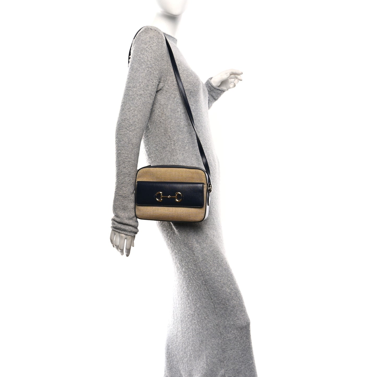 Vintage Rice Canvas Azalea Calfskin Small Horsebit 1955 Shoulder Bag Beige Blue