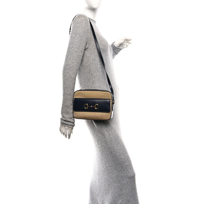 Gucci Vintage Rice Canvas Azalea Calfskin Small Horsebit 1955 Shoulder Bag Beige Blue 2 of 10