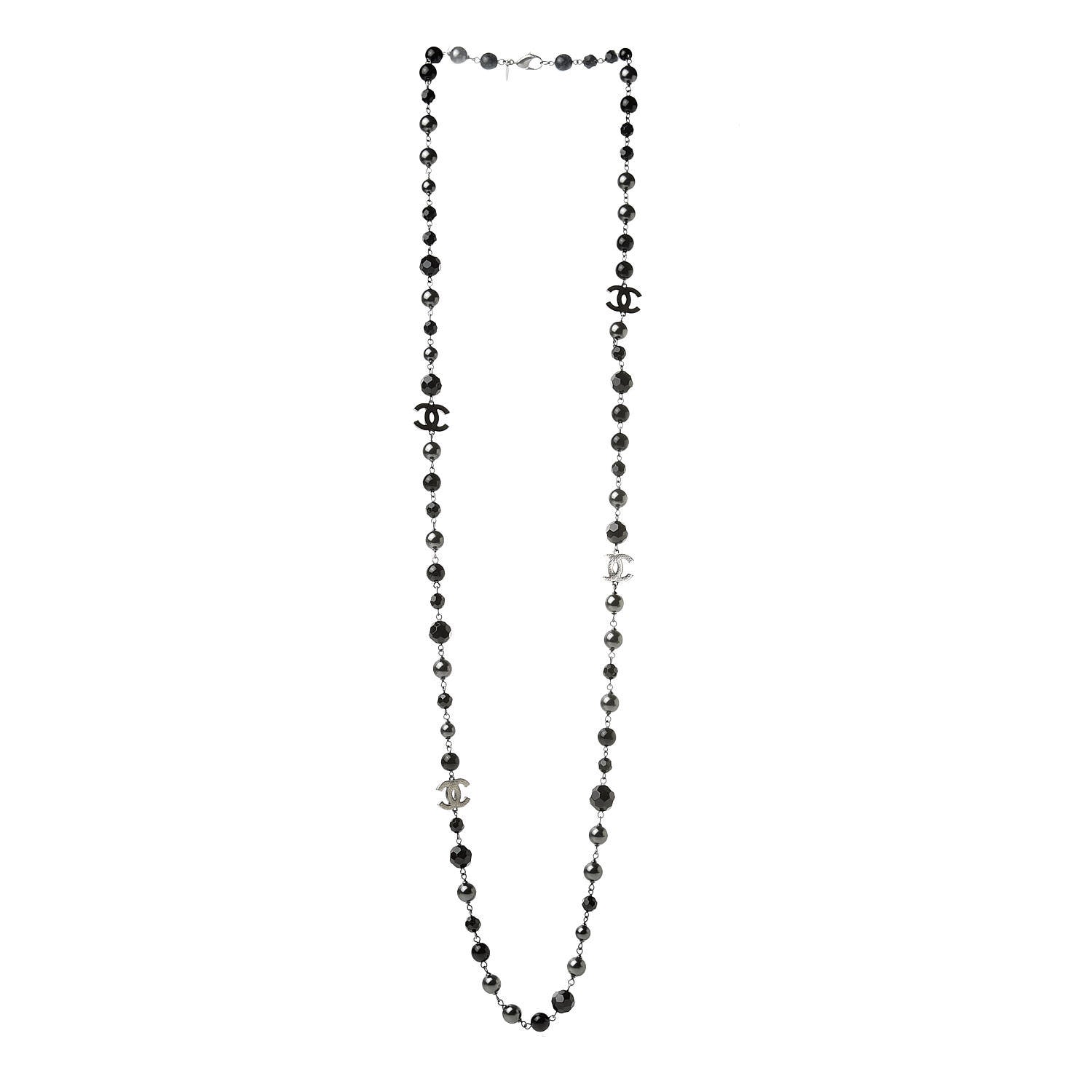 Chanel Pearl Bead Enamel CC Long Necklace Silver Black Grey 2 of 5