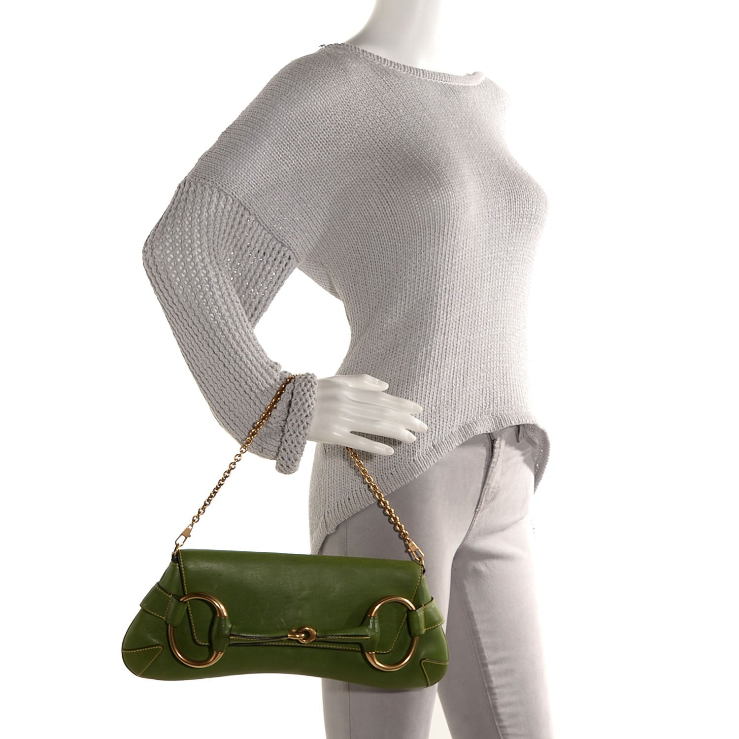 Gucci Calfskin Horsebit Chain Clutch Green 2 of 7