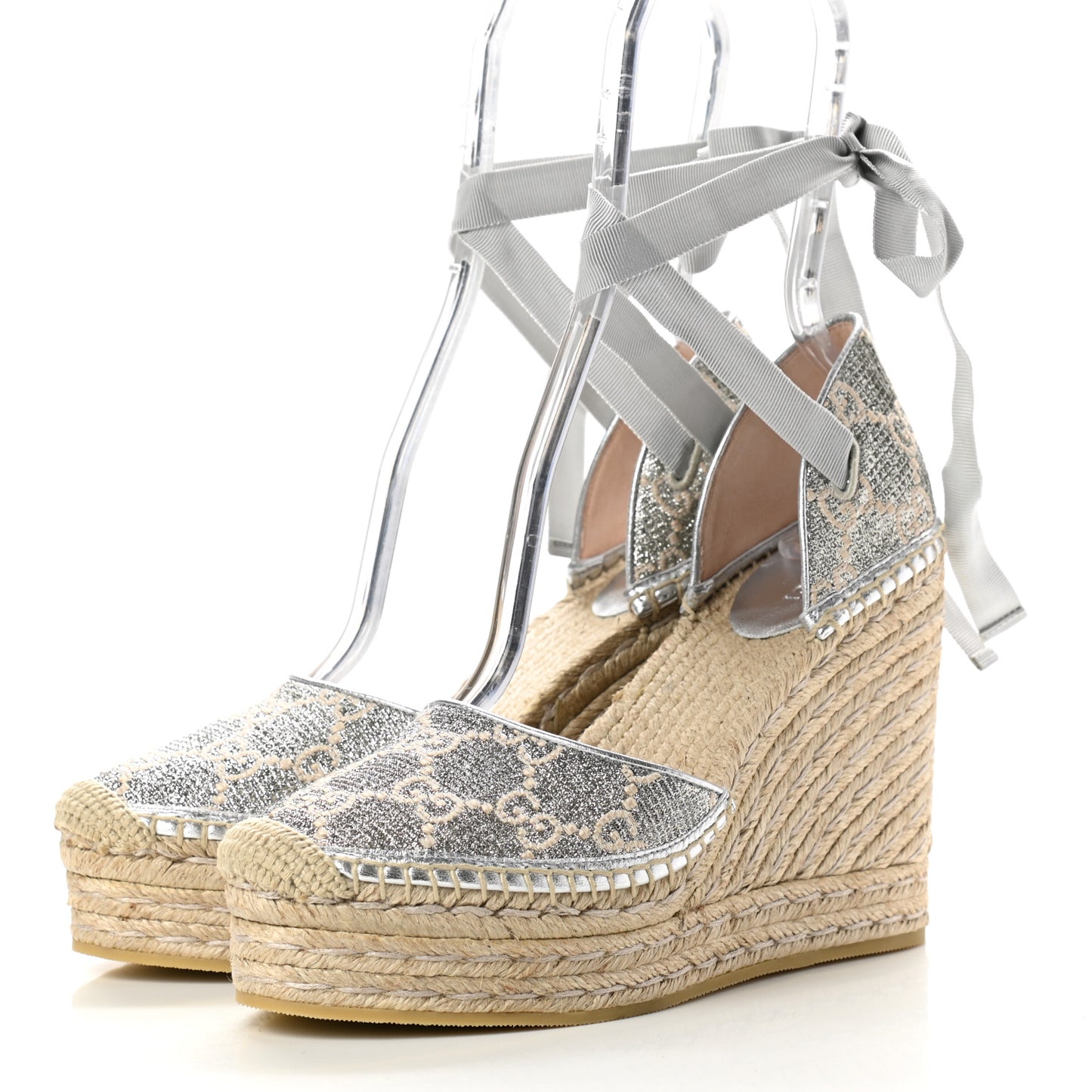 Lame GG Monogram Ankle Wrap Platform Espadrille Wedges 39 Silver Beige Light Grey