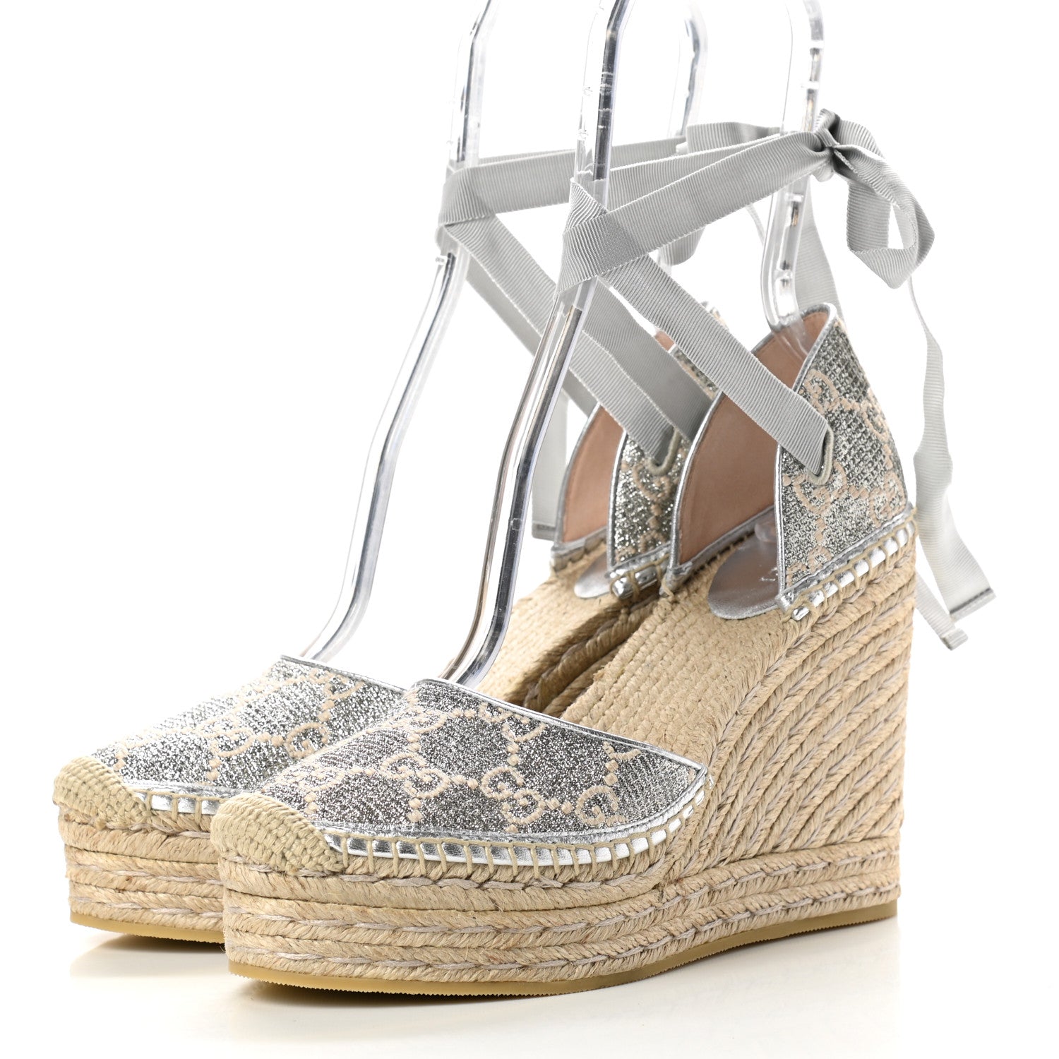 Gucci Lame GG Monogram Ankle Wrap Platform Espadrille Wedges 39 Silver Beige Light Grey 3 of 9