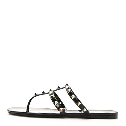 Valentino Garavani PVC Jelly Rockstud Caged Flat Thong Sandals 38 Black 1 of 7