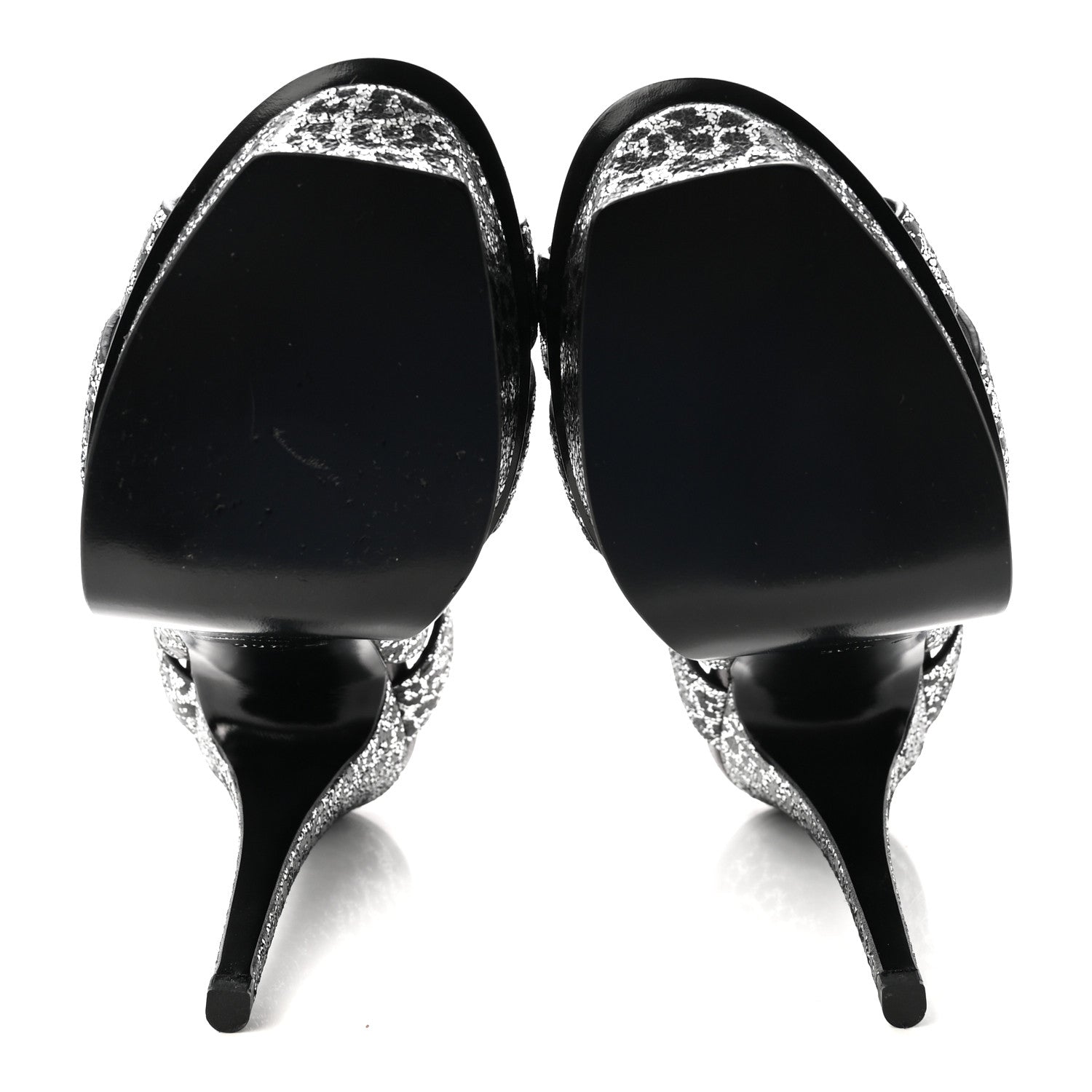 Saint Laurent Metallic Calfskin Leopard Print Tribute 105 Platform Sandals 36.5  Black Silver 6 of 10