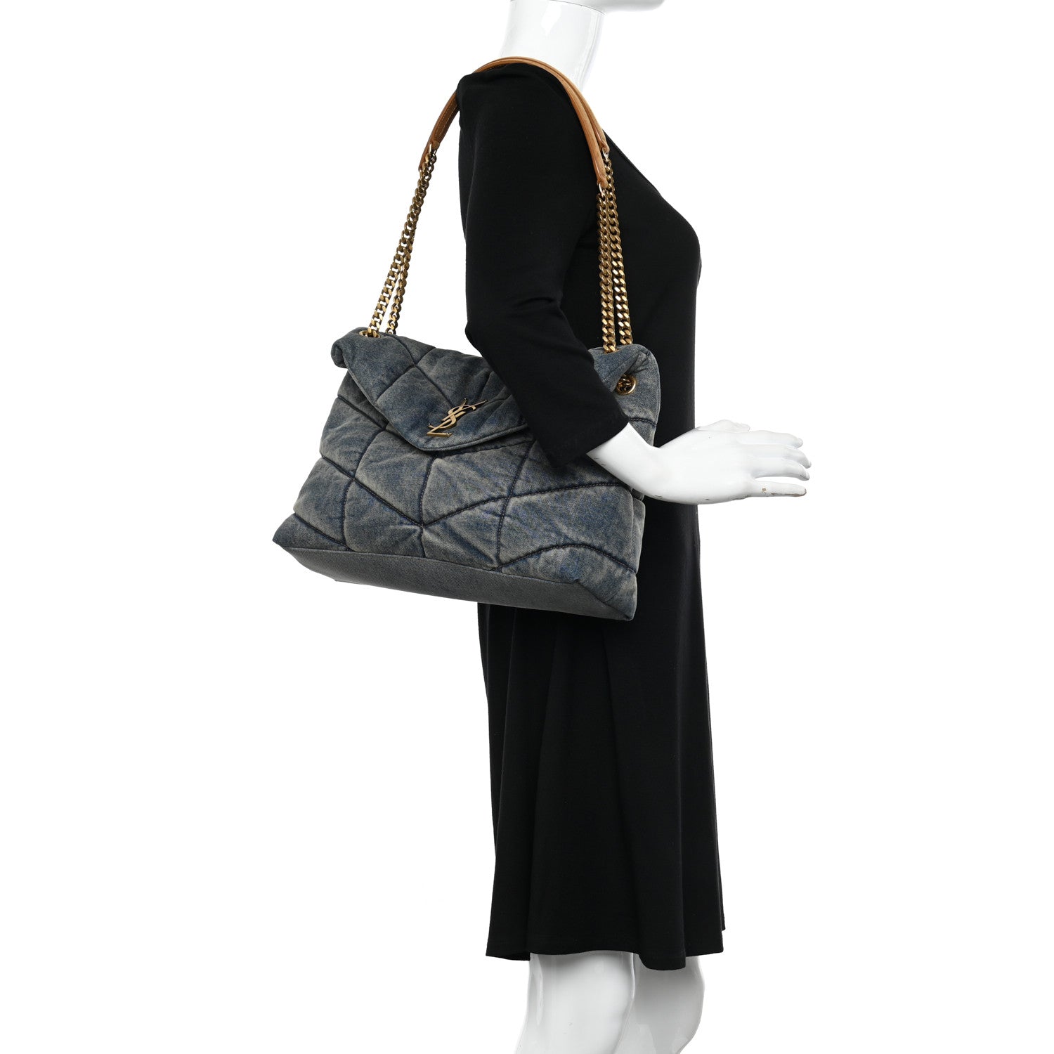 Saint Laurent Denim Quilted Medium Loulou Puffer Monogram Chain Satchel Blue Cinnamon 2 of 10