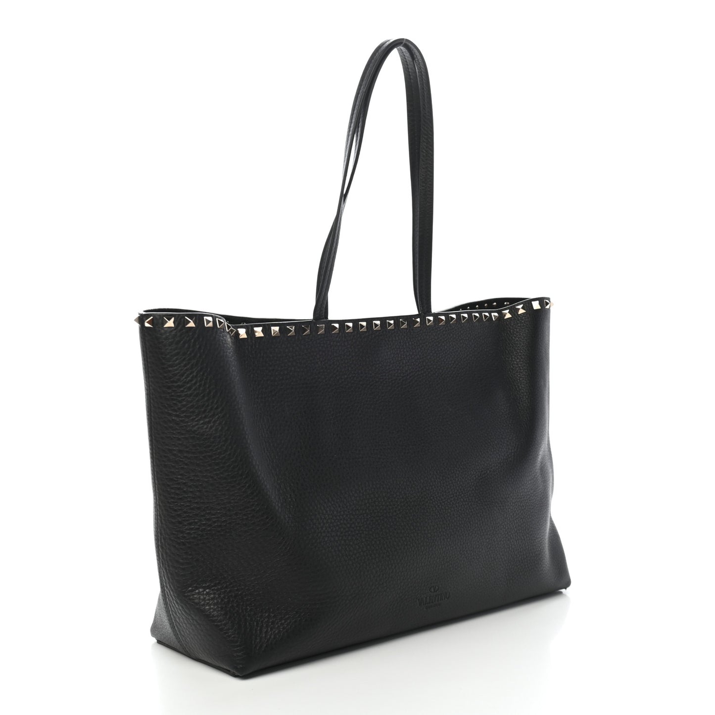 Grained Calfskin Rockstud Shoulder Tote Black