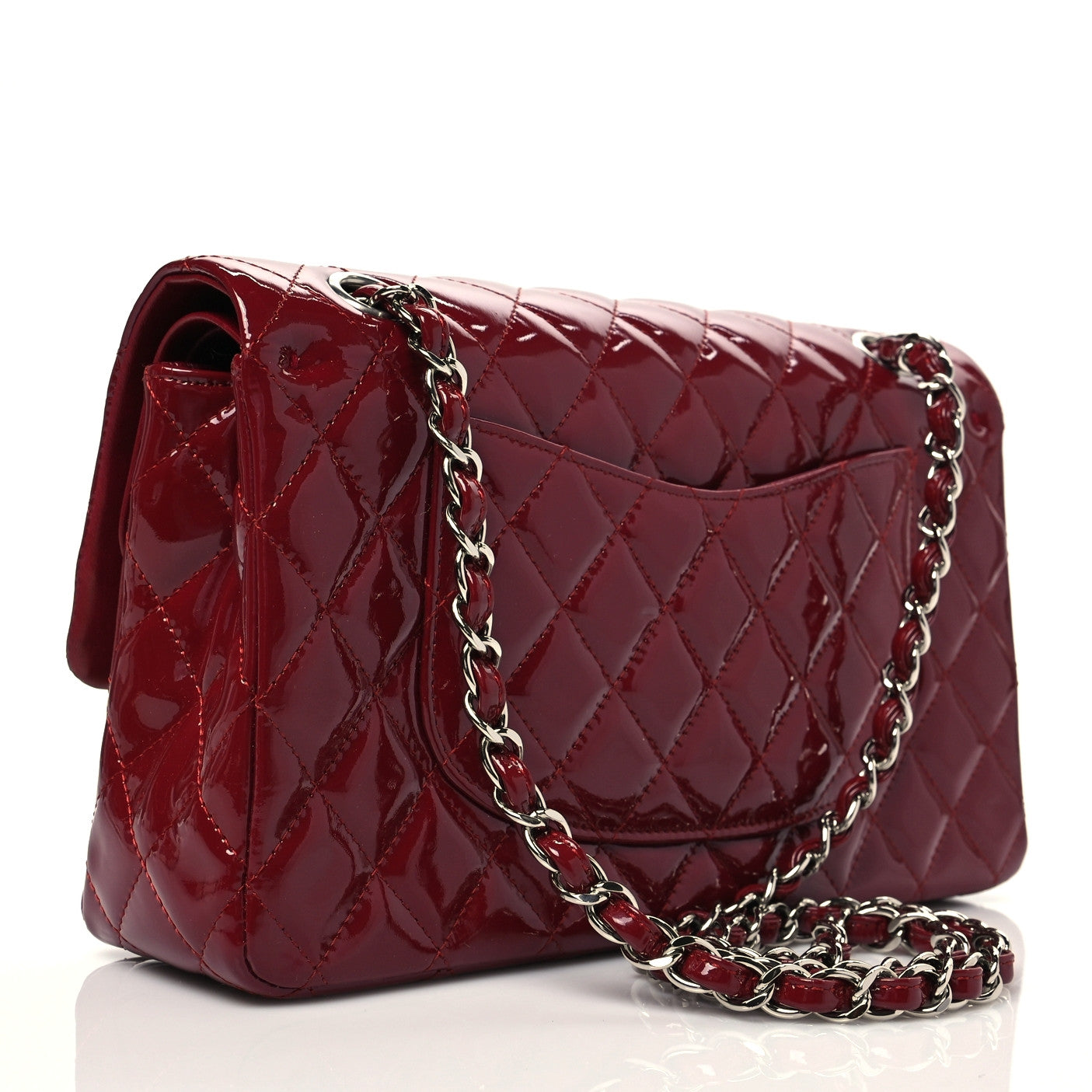 Patent Calfskin Quilted Medium Double Flap Dark Red