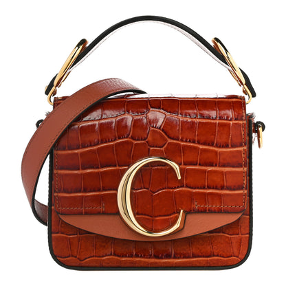 Chloe Calfskin Crocodile Embossed Mini C Double Carry Chestnut Brown 1 of 15