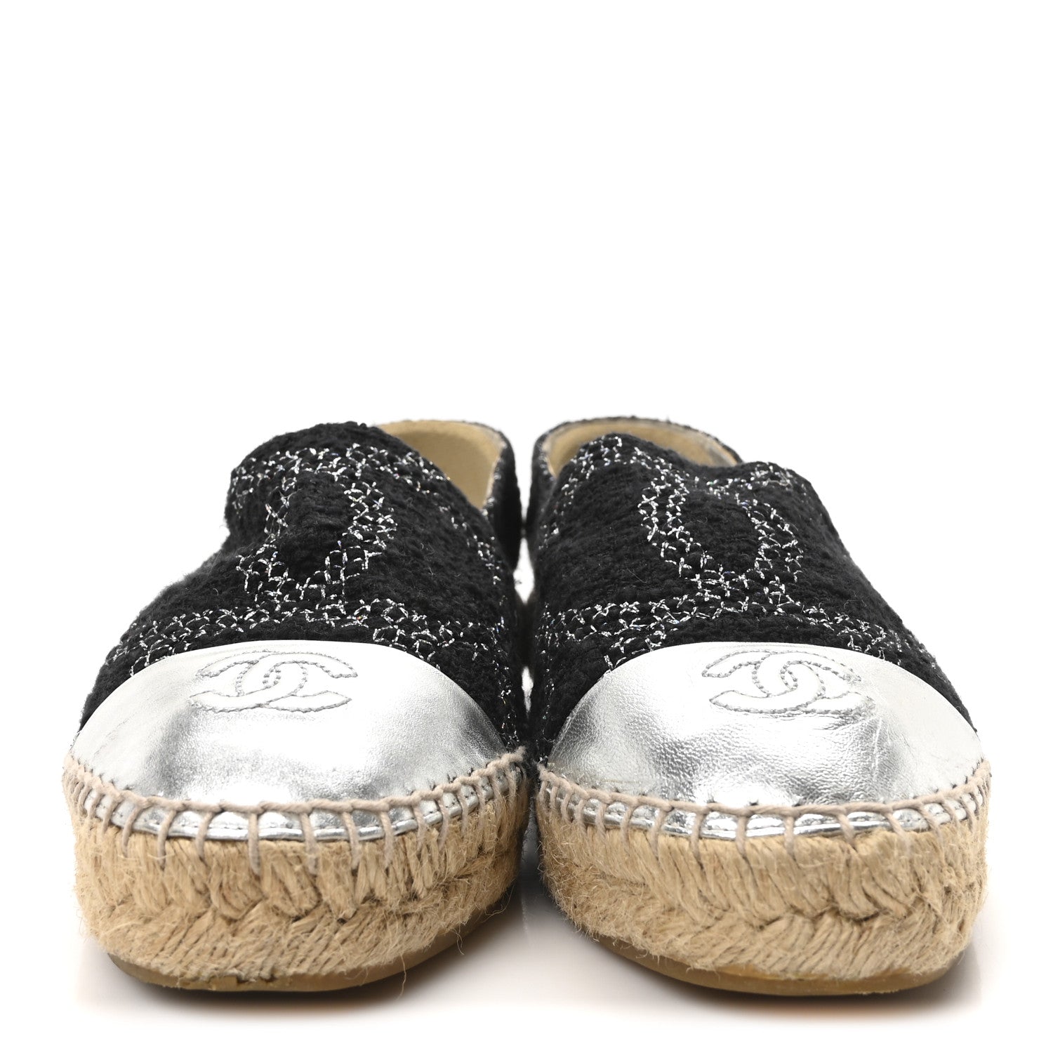 Chanel Metallic Tweed Lambskin CC Espadrilles 38 Black Silver 3 of 9