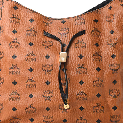 MCM Visetos Calfskin Drawstring Shoulder Bag Cognac Black 8 of 15