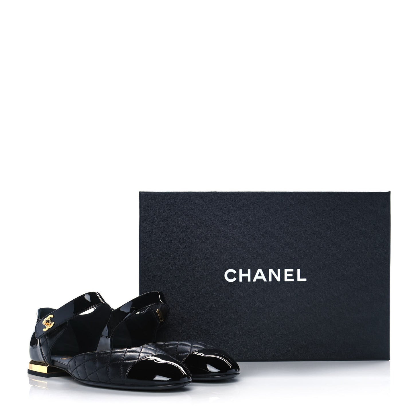 Patent Lambskin Quilted Cap Toe Ballerina Flats 36.5 Black