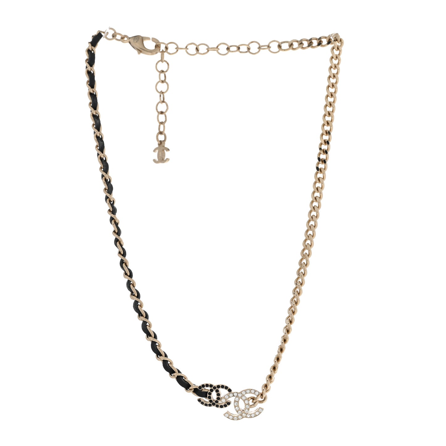 Metal Calfskin Crystal Double CC Short Necklace Black Gold