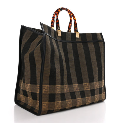 Fendi Fabric Jacquard Vitello Seta Plexiglass Pequin Gingham Large Sunshine Shopper Tote Tobacco Moro Black 3 of 11