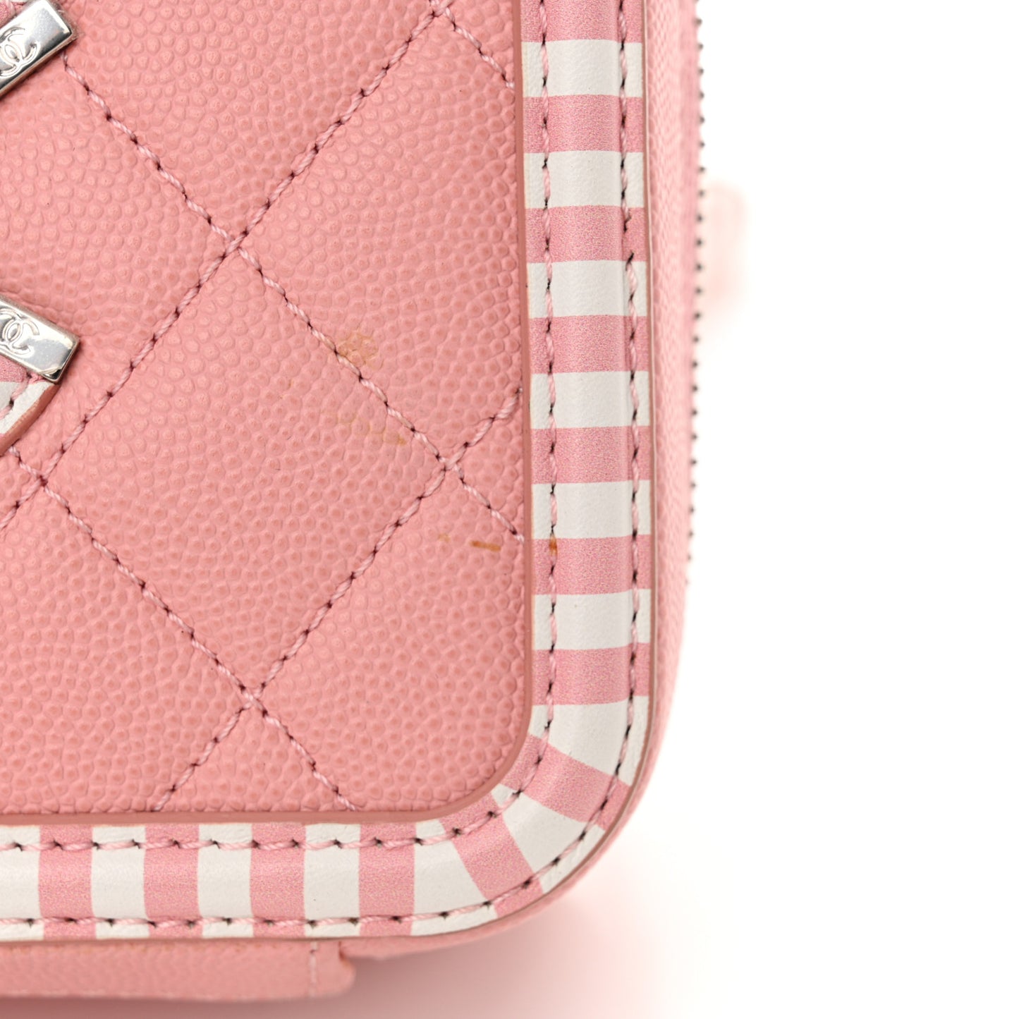 Caviar Quilted Striped Medium CC Filigree Vanity Case Pink White